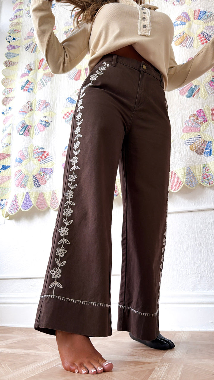Elenor Embroidered Pants, Dk. Chocolate