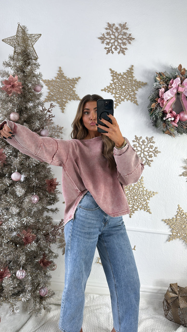 DOORBUSTER: Acid Washed Ribbed Cropped Pullover, Winter Rose