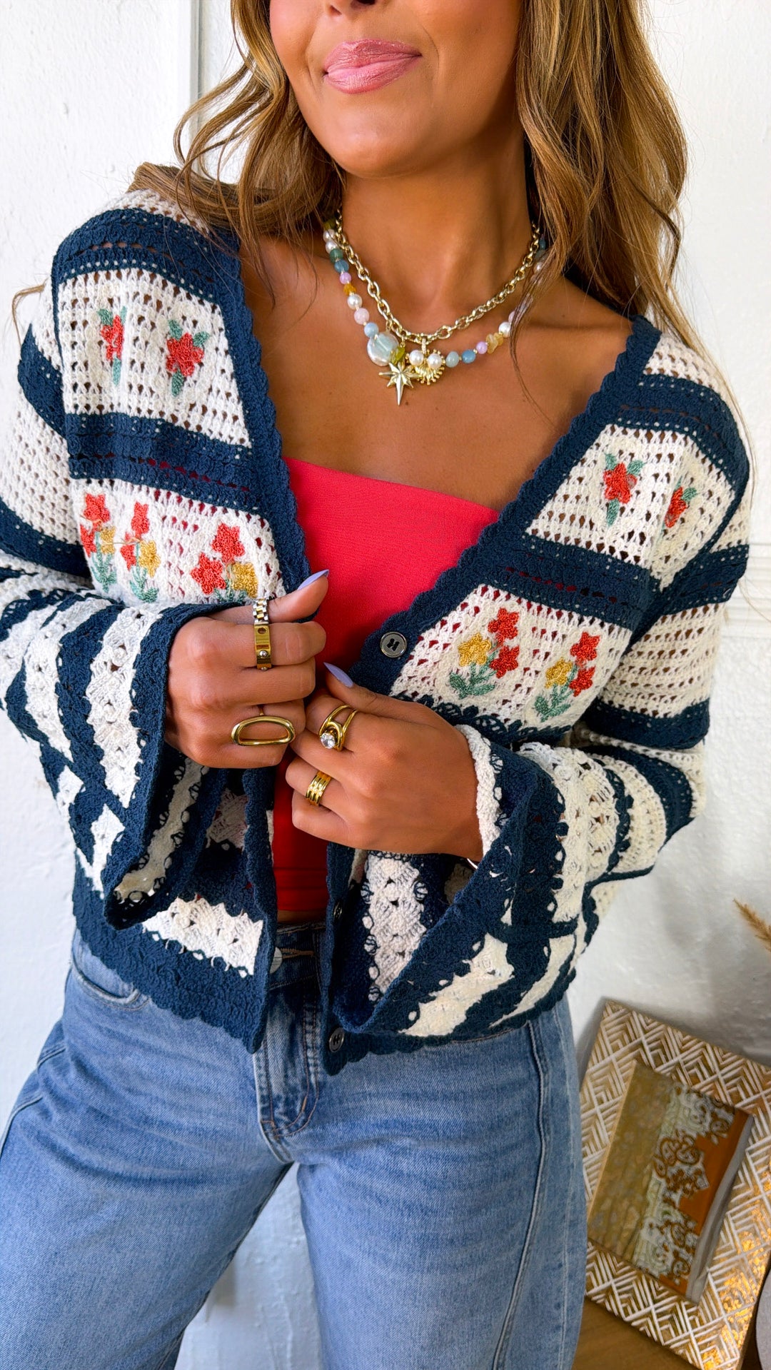 Flower Sprout Knit Cardigan, Navy Multi