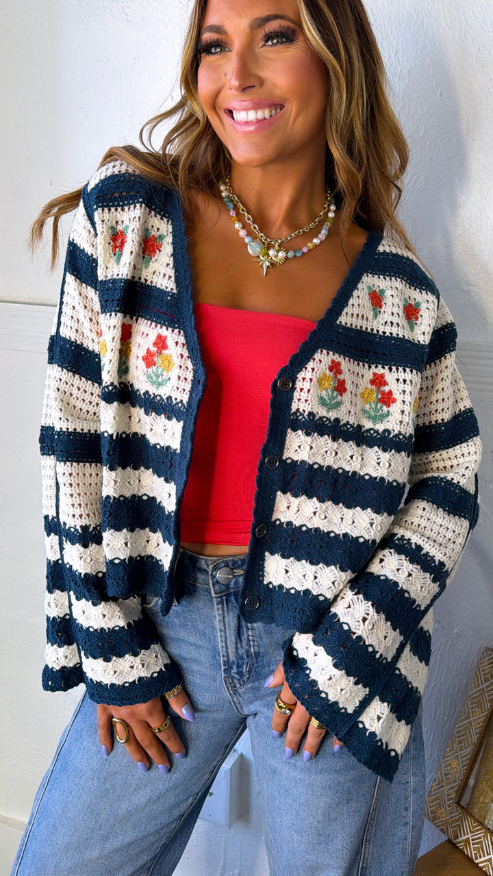 Flower Sprout Knit Cardigan, Navy Multi