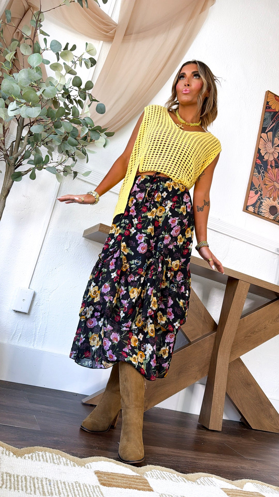 Vibrant Floral Midi Skirt, Black Multi