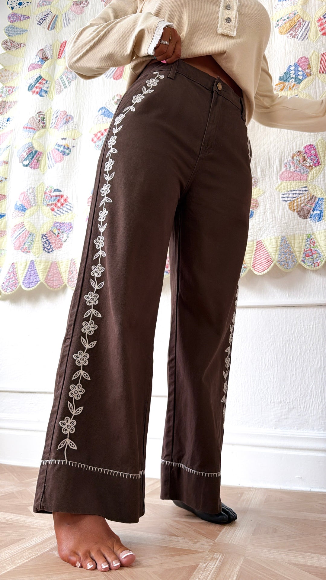 Elenor Embroidered Pants, Dk. Chocolate