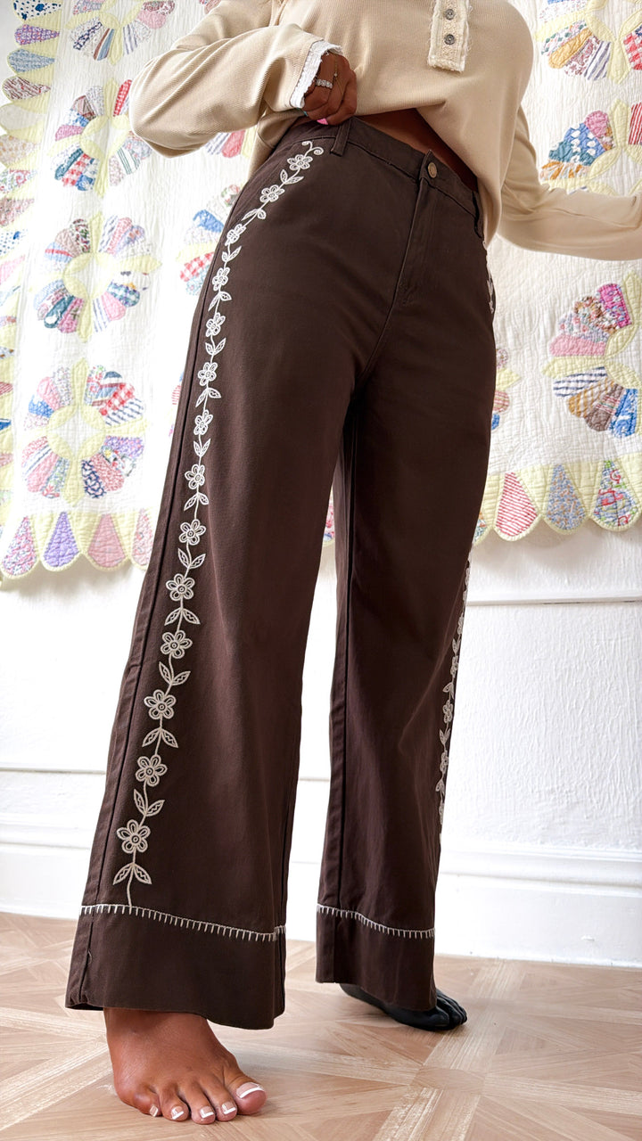 Elenor Embroidered Pants, Dk. Chocolate