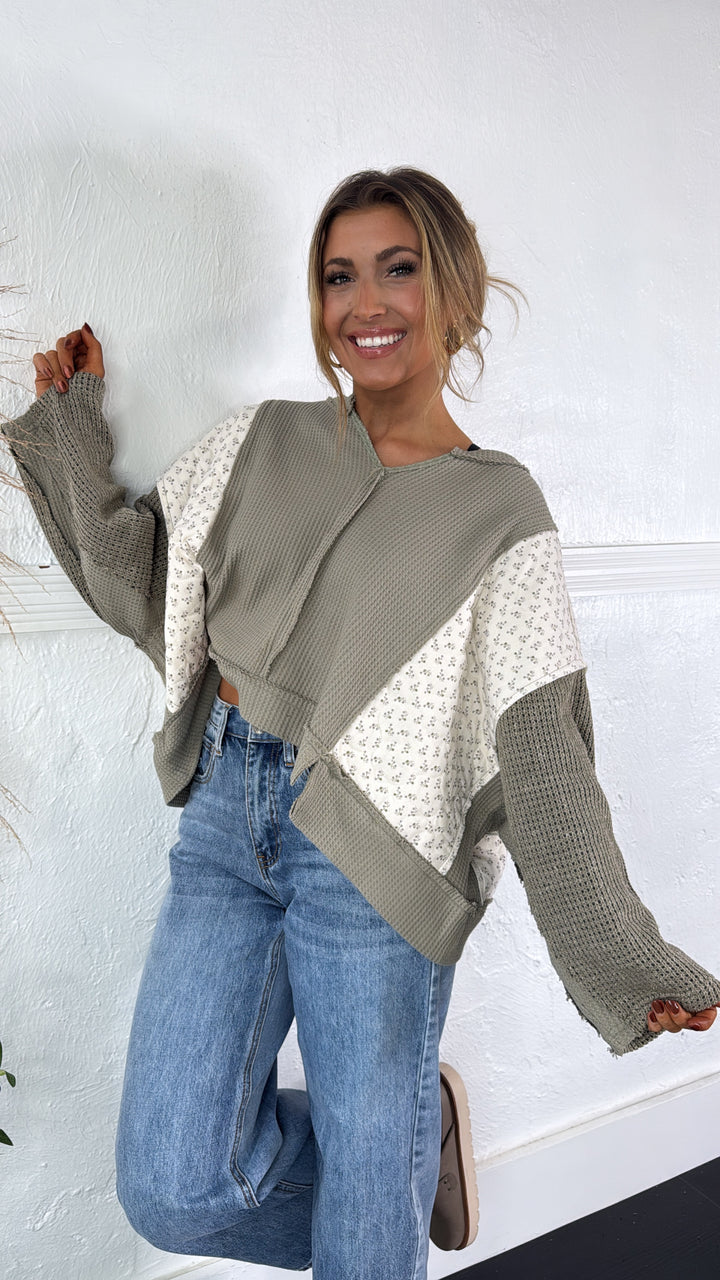 DOORBUSTER: POL Floral Sleeve Sweater, Olive