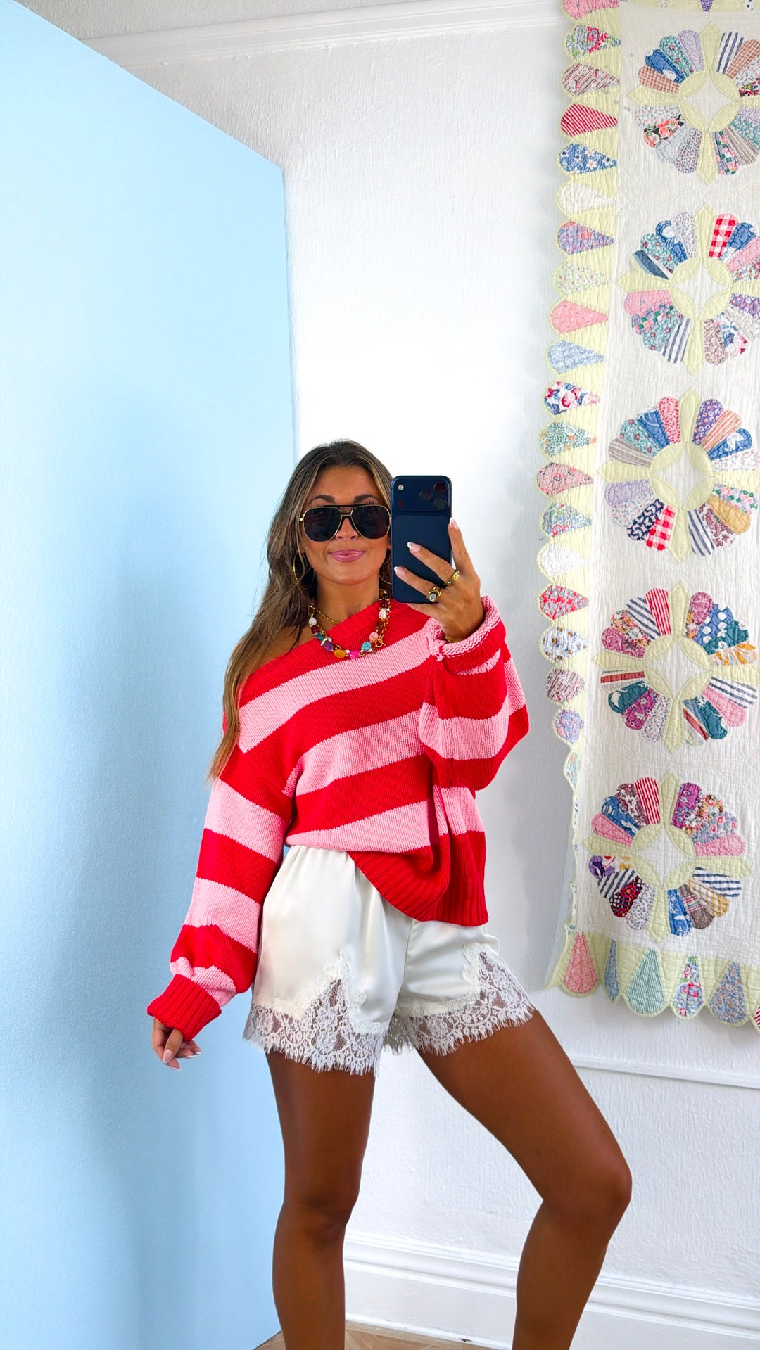 Stripe Off The Shoulder Sweater, Red/Pink