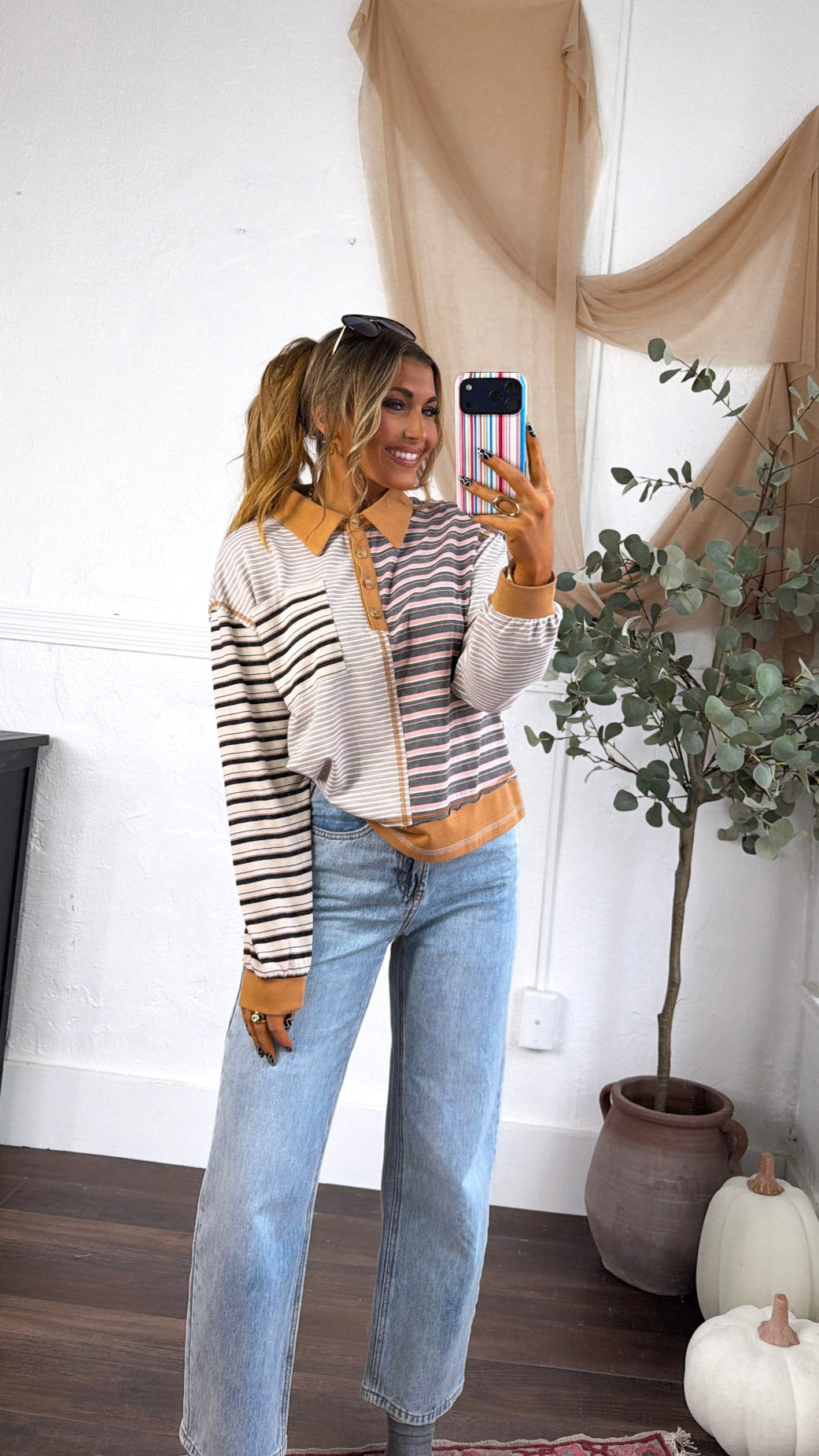 Multi Stripe Pullover, Camel/Dusty Pink Mix