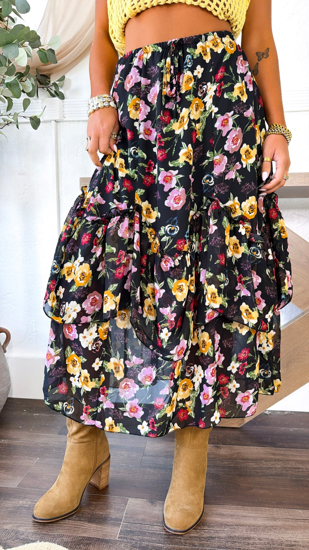 Vibrant Floral Midi Skirt, Black Multi