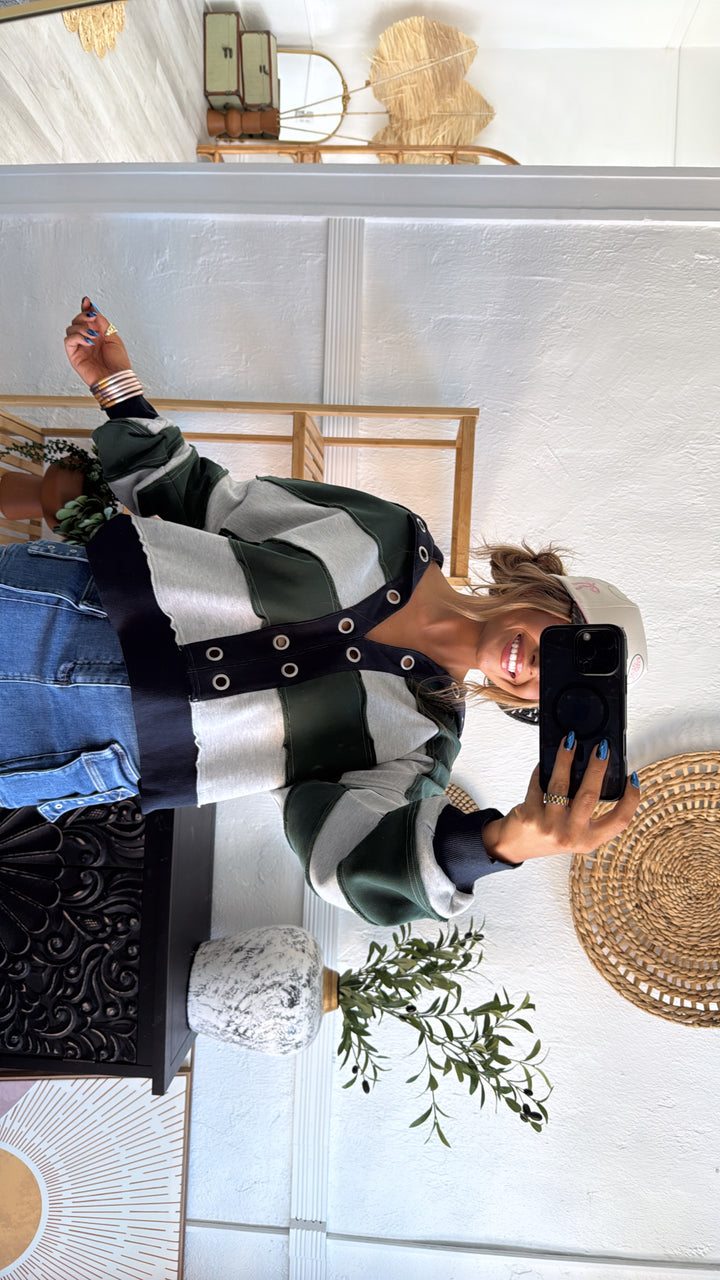 Oxford Pines Cropped Pullover, Forest/Navy