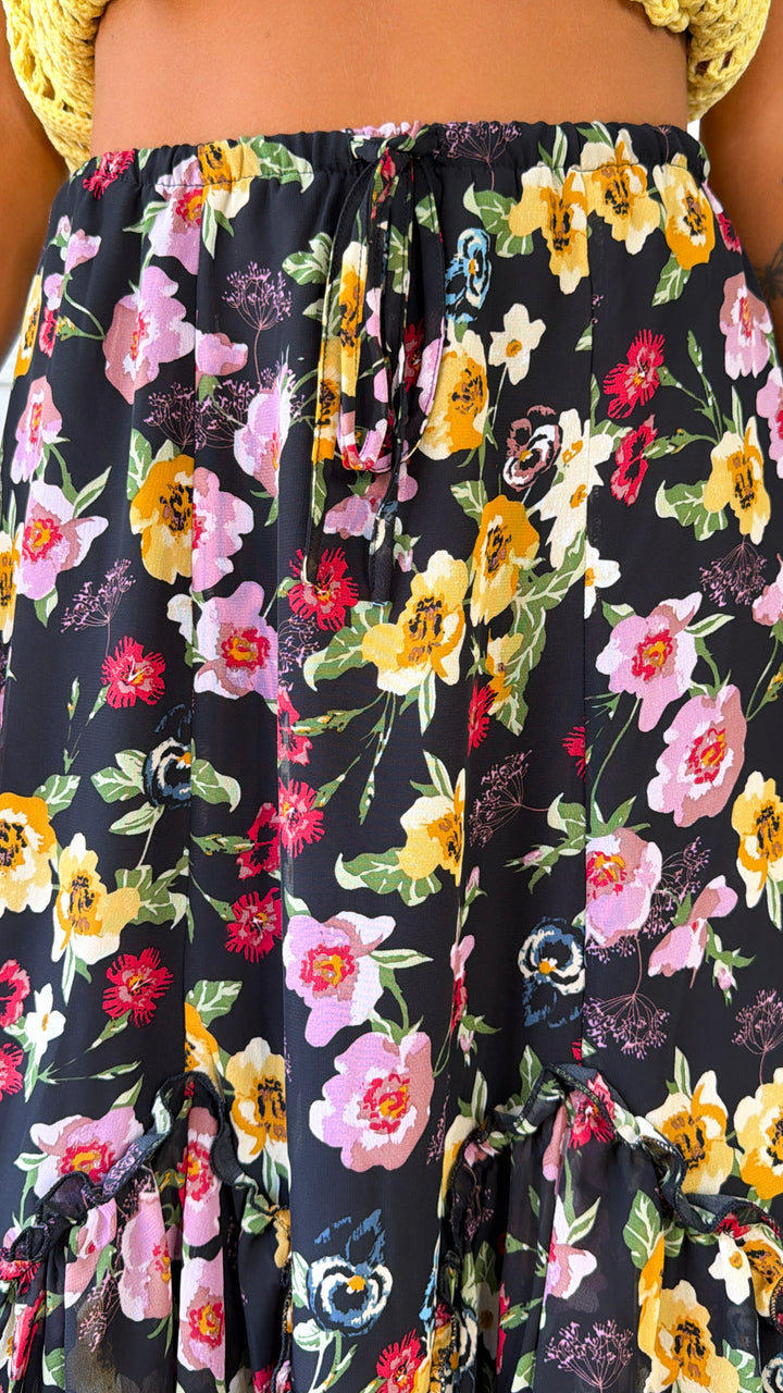 Vibrant Floral Midi Skirt, Black Multi