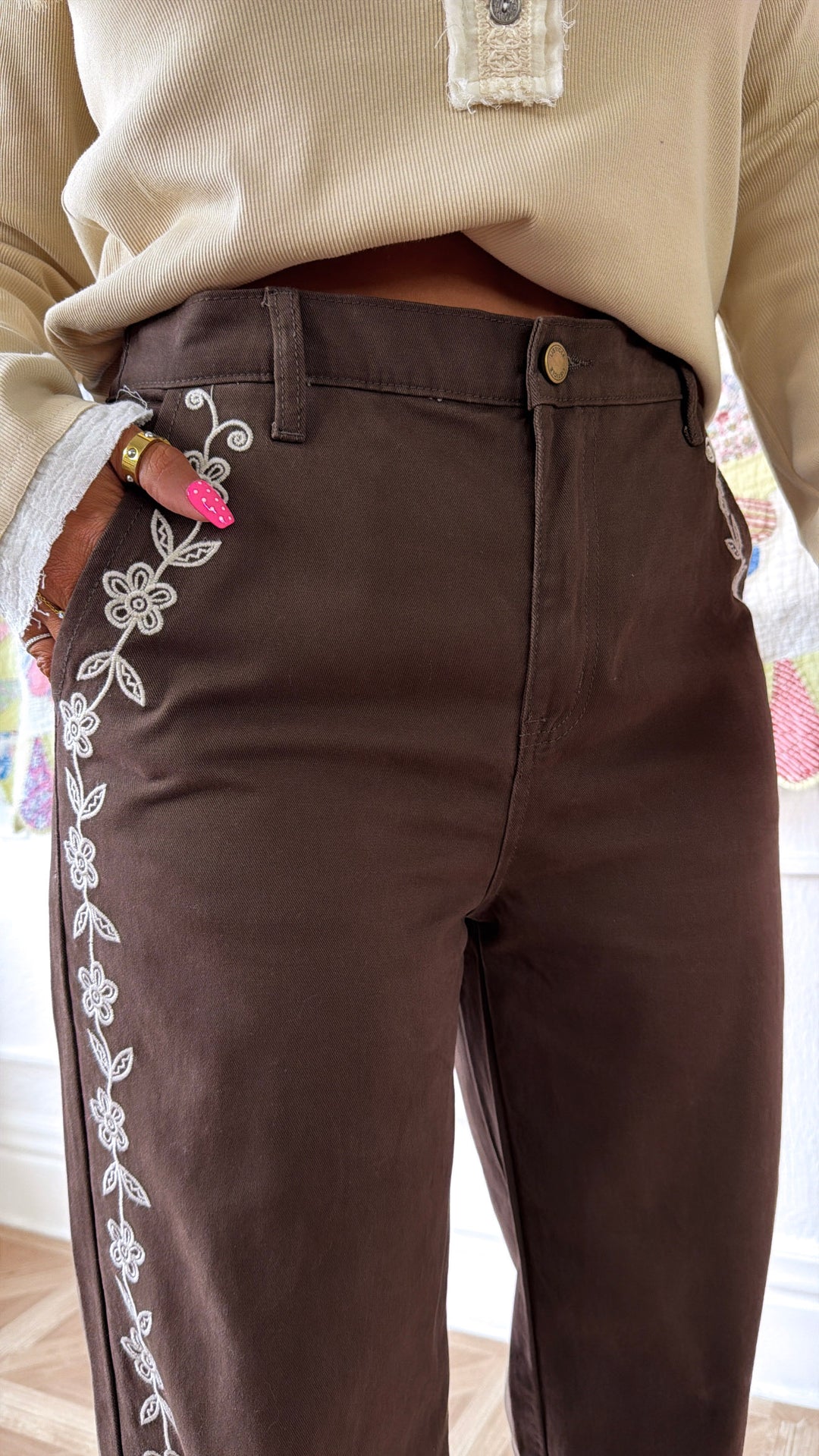 Elenor Embroidered Pants, Dk. Chocolate