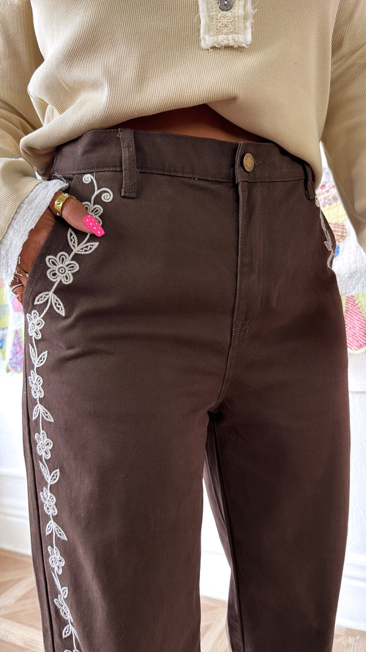 Elenor Embroidered Pants, Dk. Chocolate