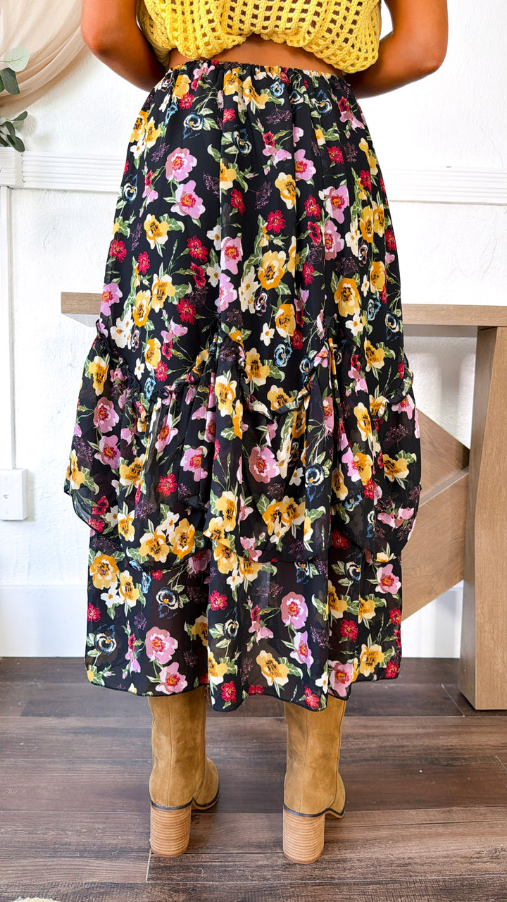 Vibrant Floral Midi Skirt, Black Multi