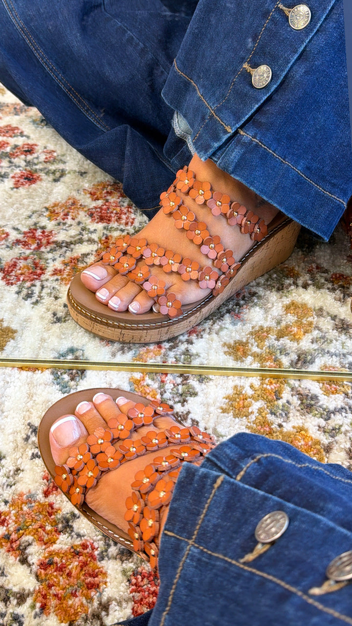 Floral Strap Plattform Wedge, Cognac