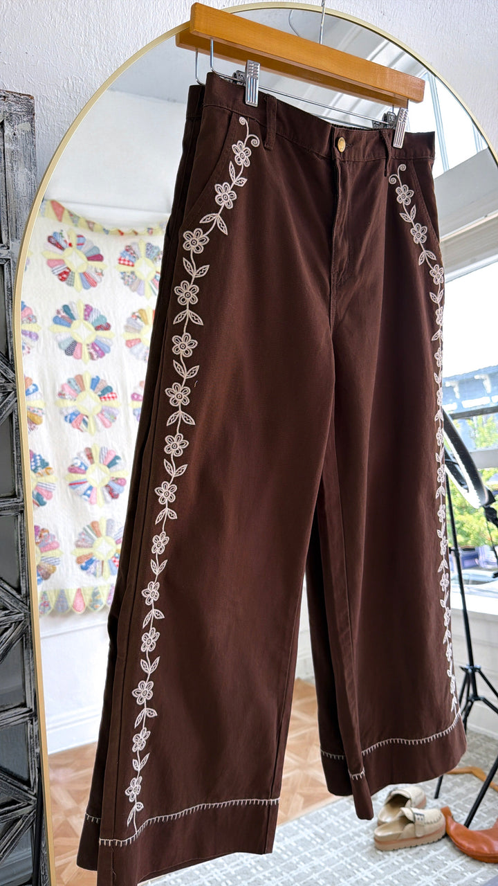 Elenor Embroidered Pants, Dk. Chocolate