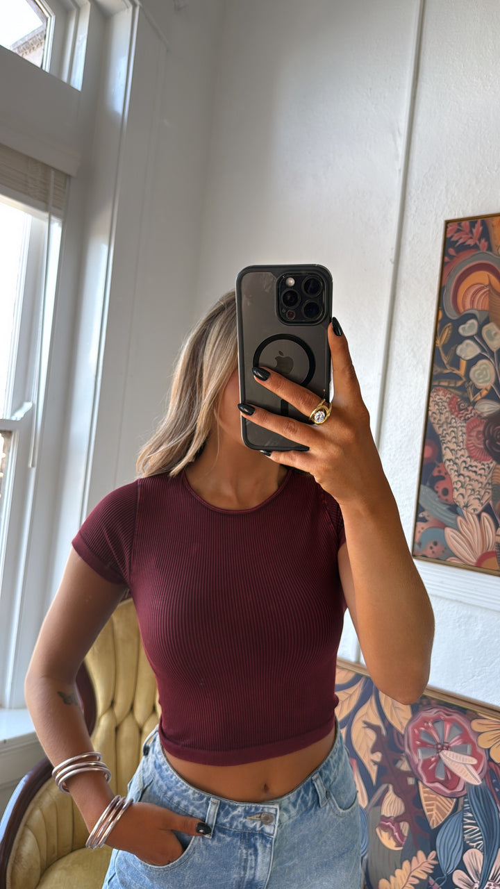 Ribbed Crop Baby Tee, Wine