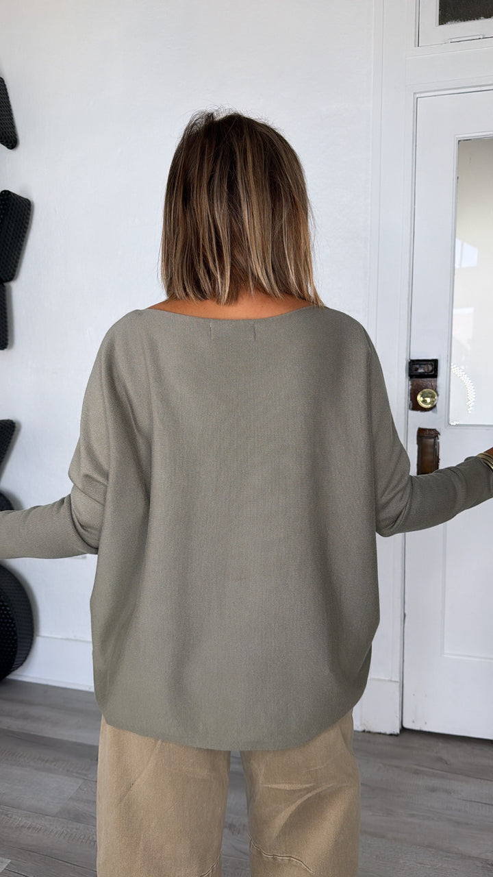 Level Up Basic Boat Neck Sweater, Olive Green