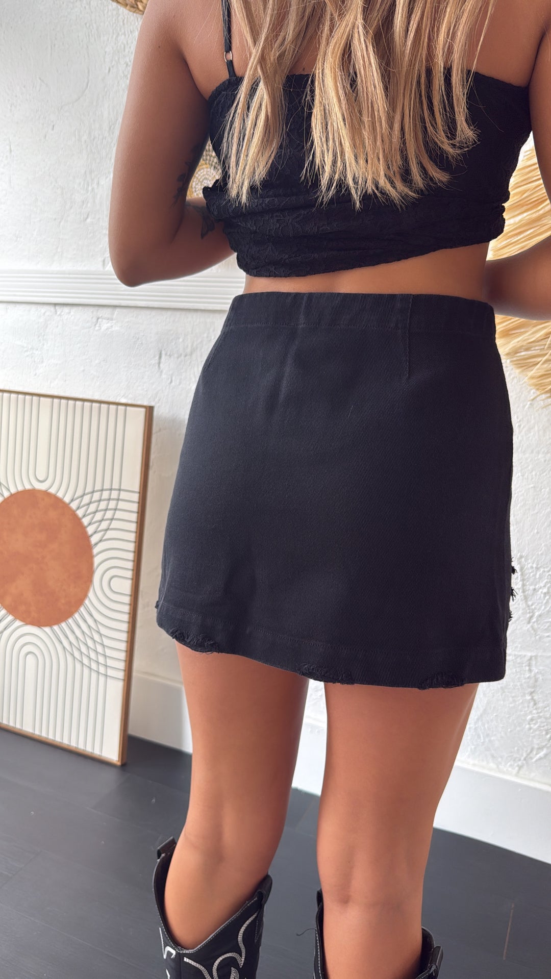 Wren Distressed Wrap Mini Skirt, Black