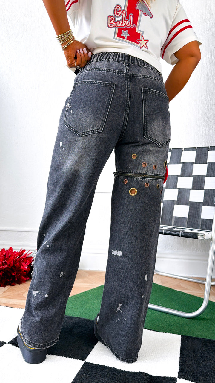 Edgy Washed Eyelet Ring Jeans, Black