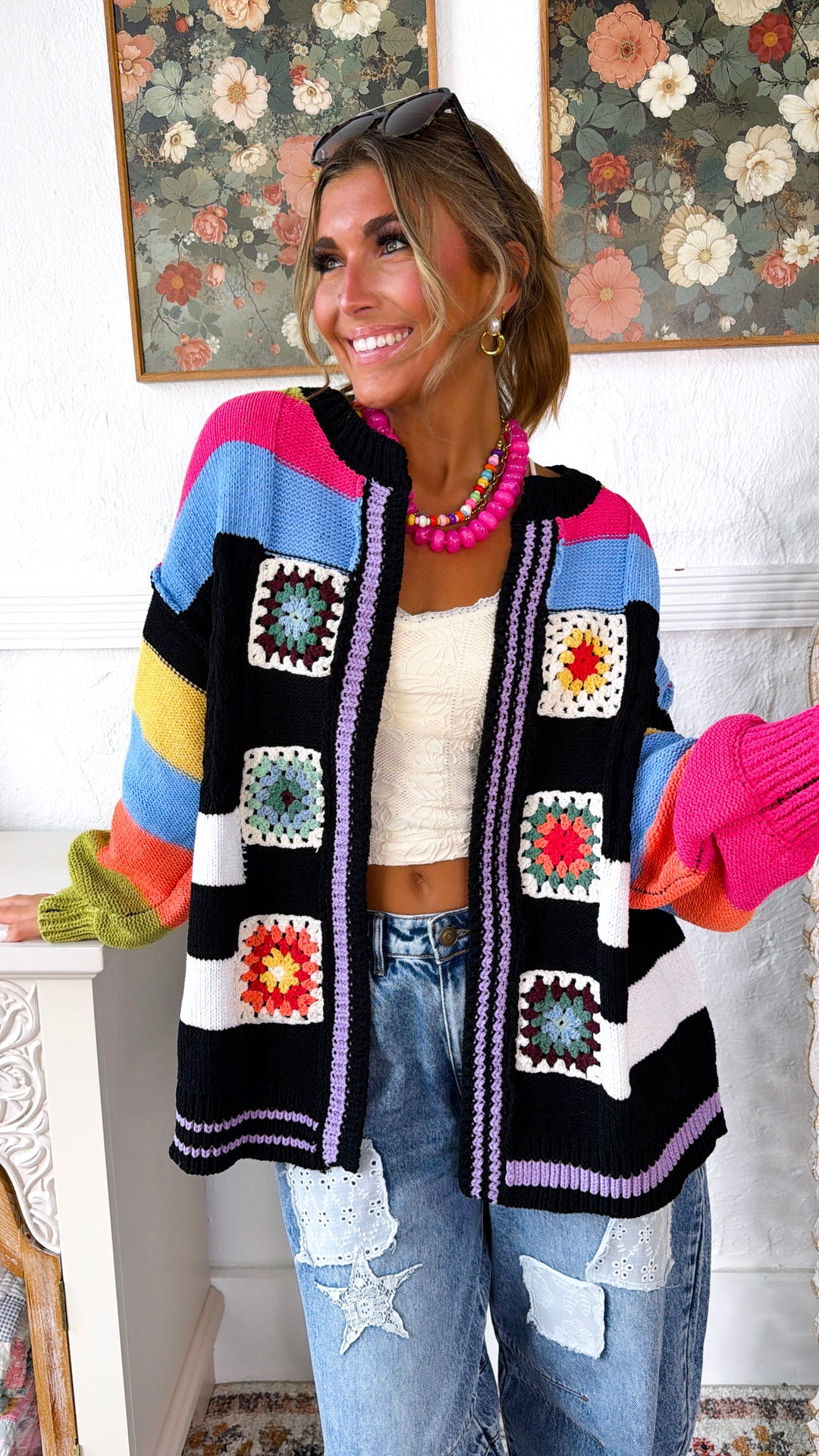 Sophie Color block Cardigan, Jet Black Multi