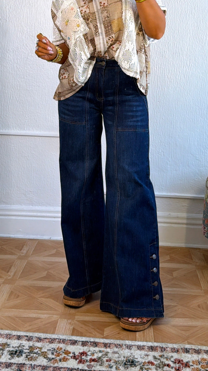 Kai Wide Leg Slit Denim, Dark