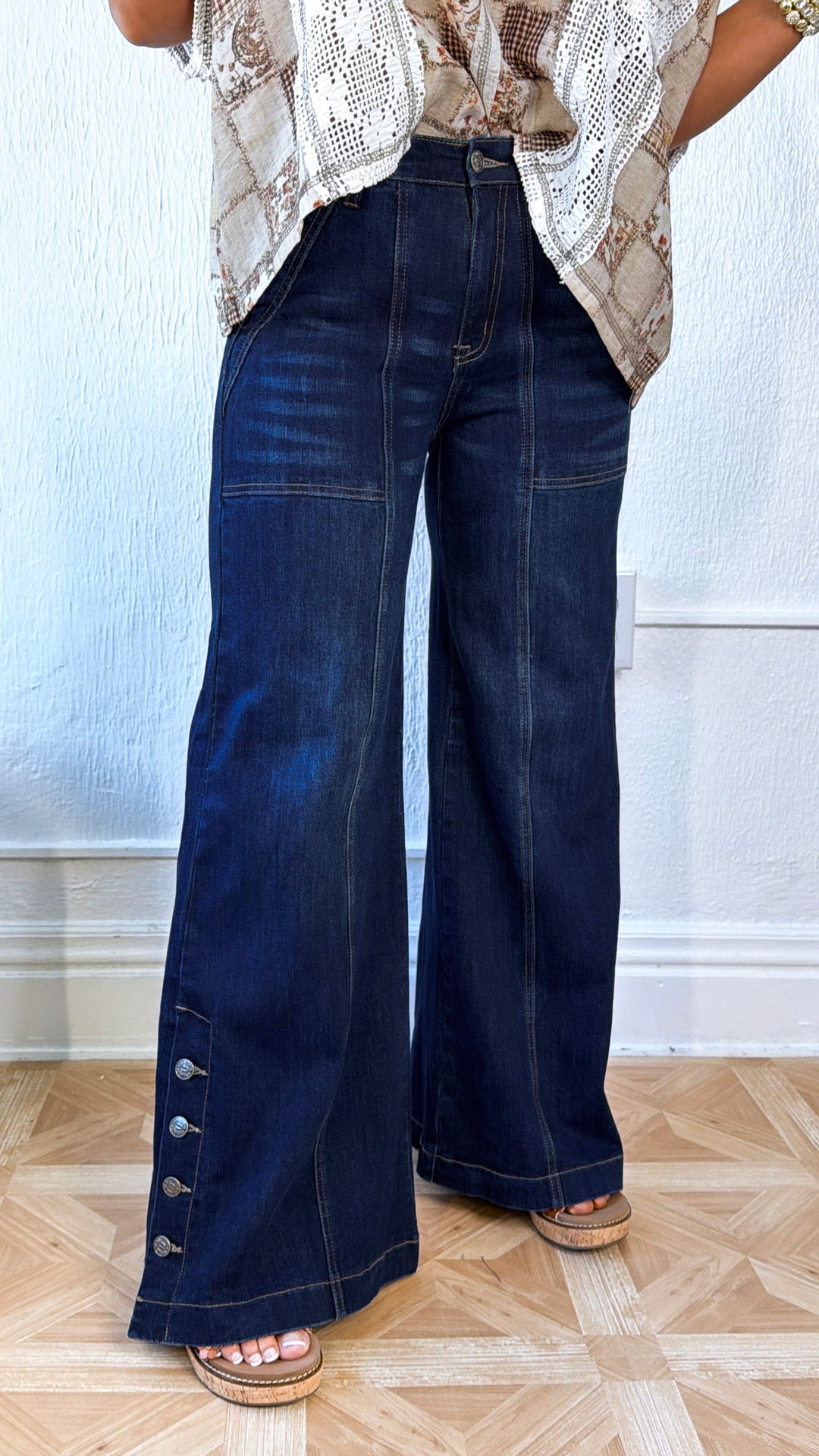 Kai Wide Leg Slit Denim, Dark