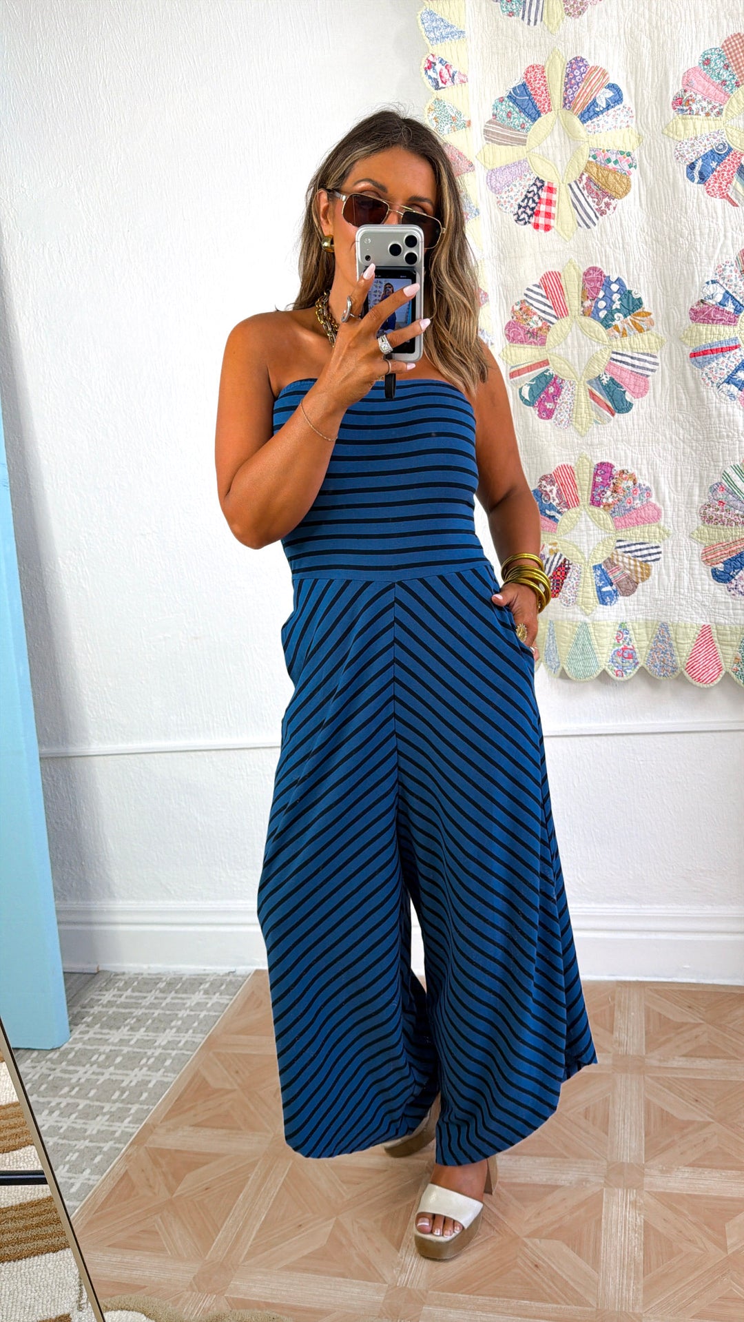 Watching Sunsets Stripe Jumpsuit, Navy/Blue