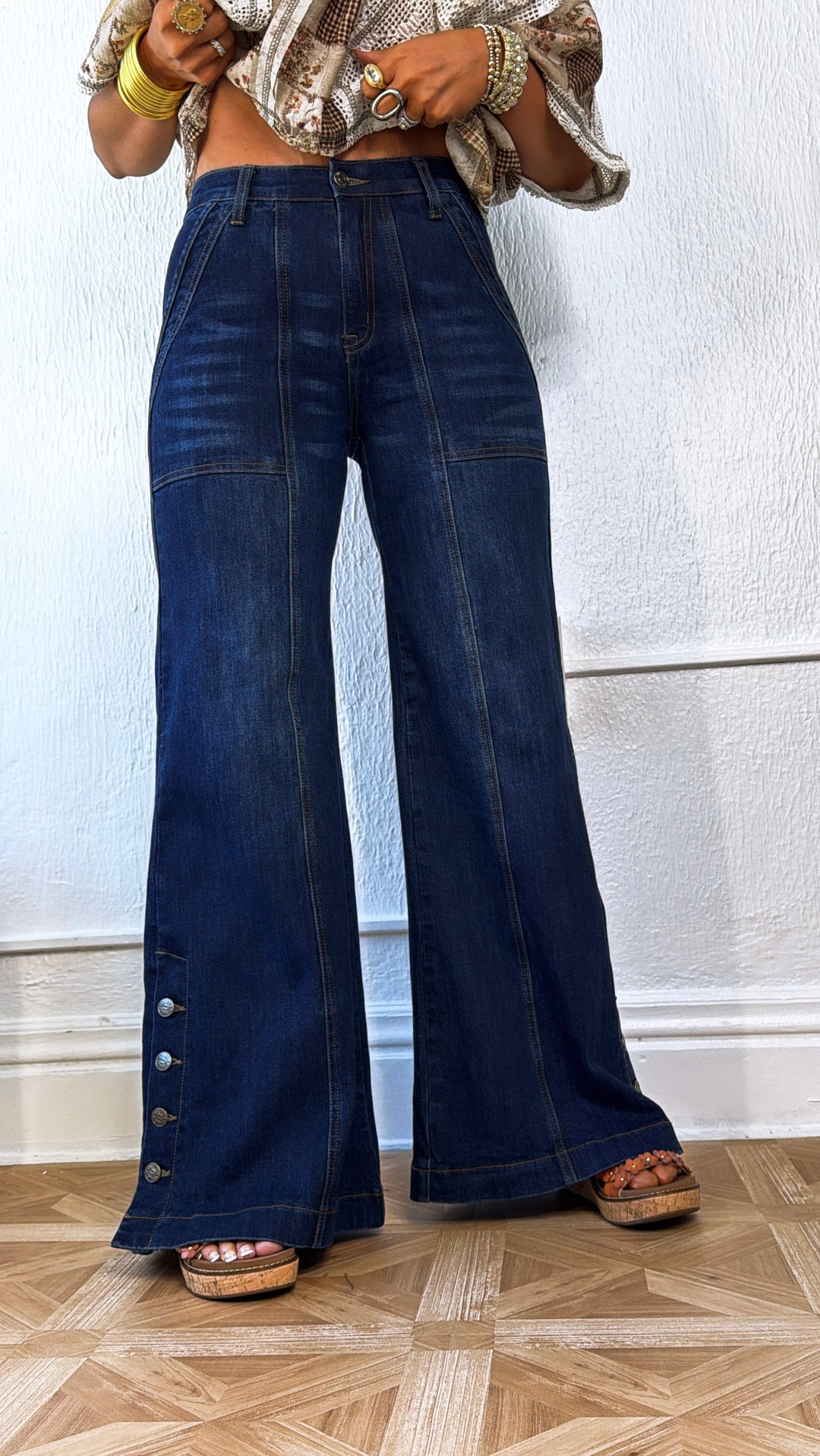 Kai Wide Leg Slit Denim, Dark