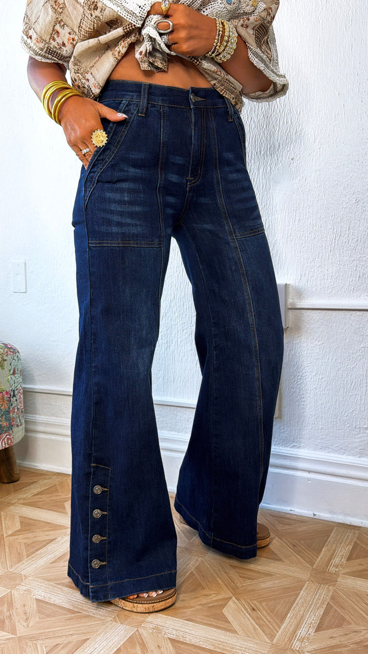 Kai Wide Leg Slit Denim, Dark