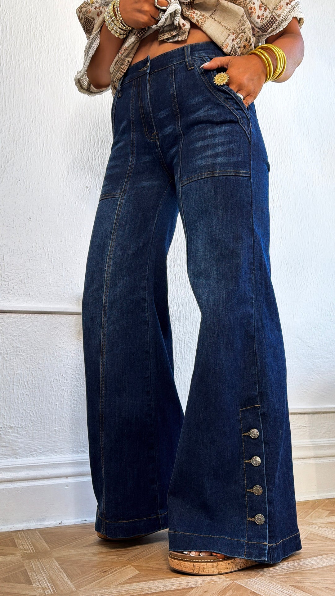 Kai Wide Leg Slit Denim, Dark