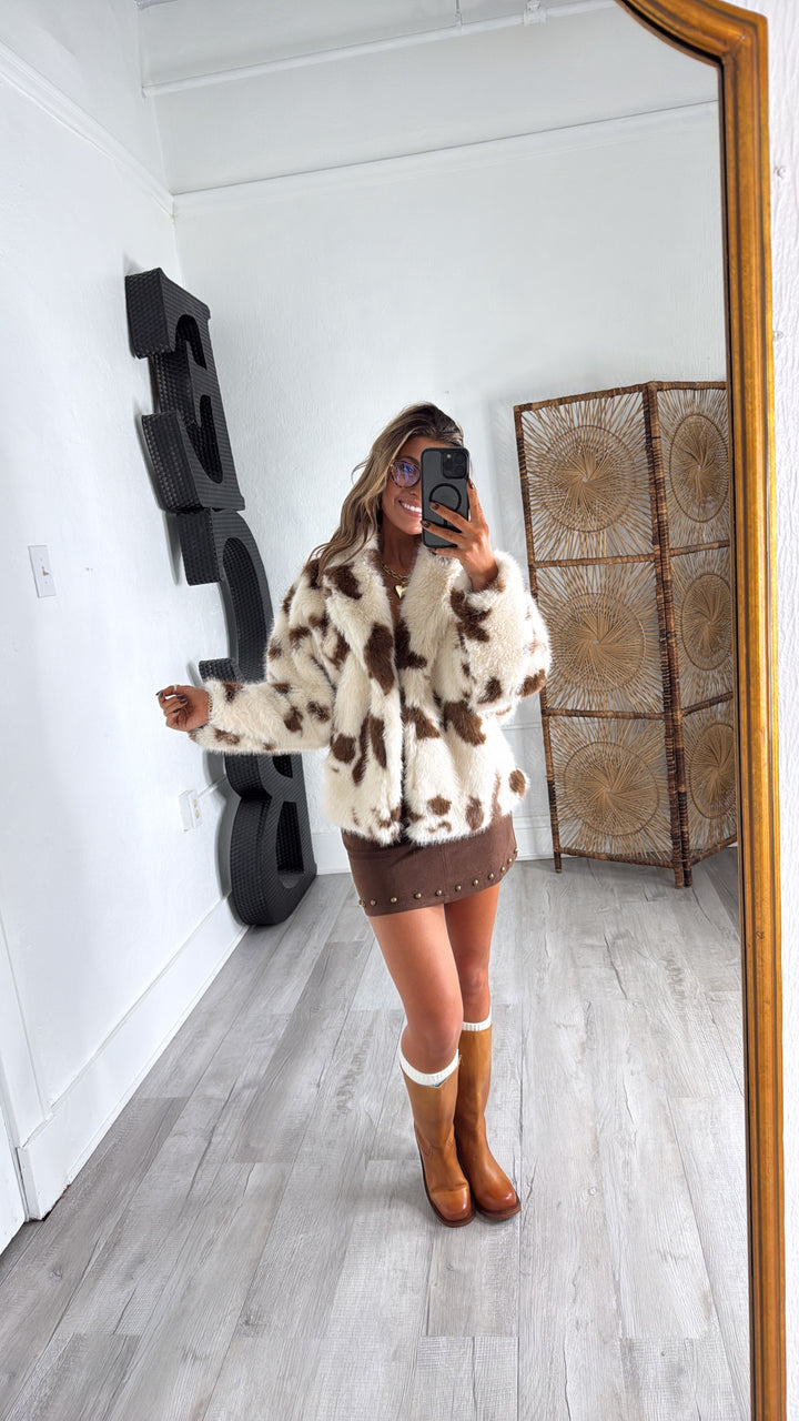 Cow Printed Fur Jacket, Brown/Cream