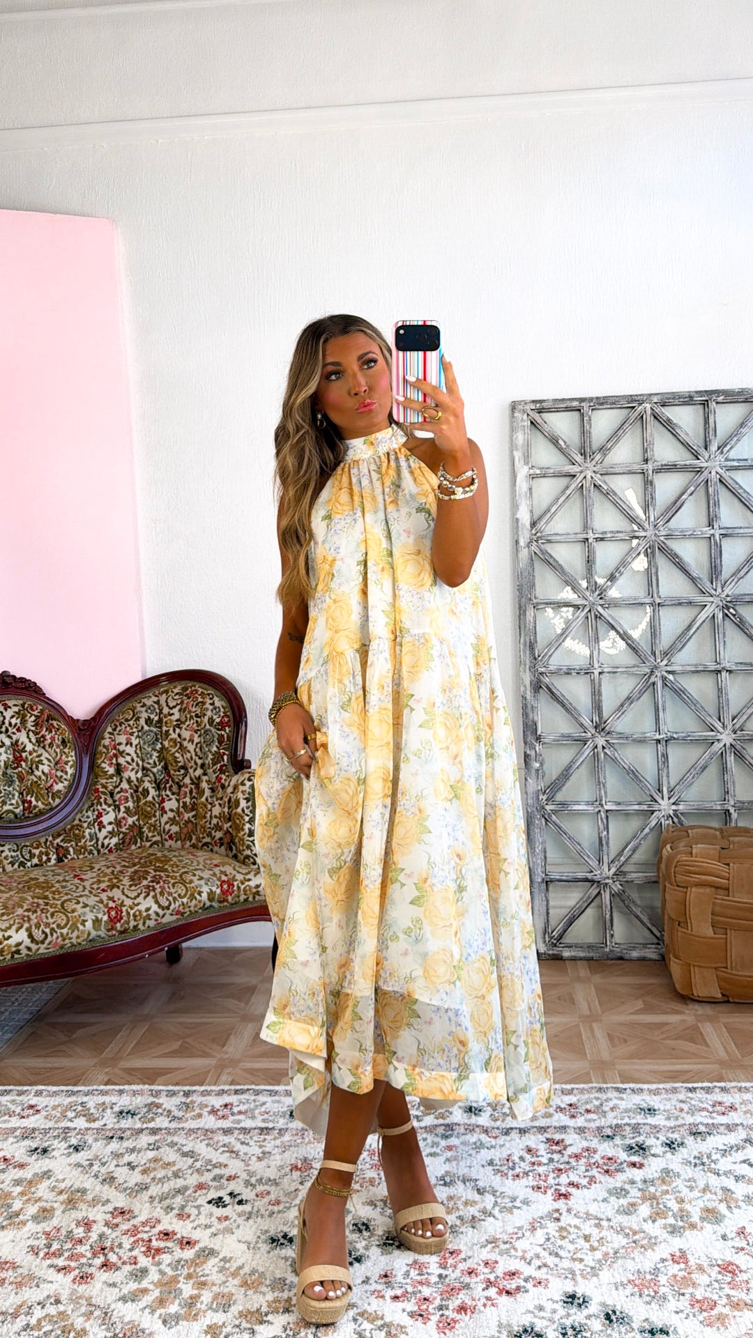 Happiest Year Floral Halter Dress, Ivory/Yellow