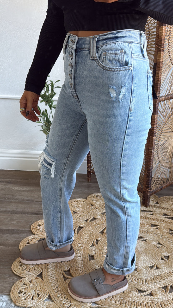 SAIGE: Ford Button Fly Slim Straight Denim, Medium