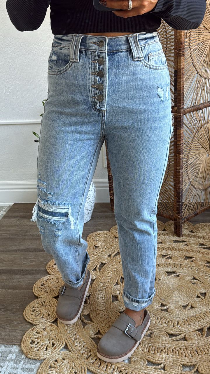 SAIGE: Ford Button Fly Slim Straight Denim, Medium