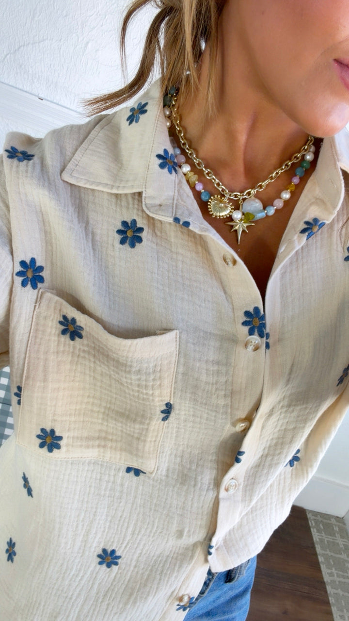Floral Days Button Up, Natural Multi