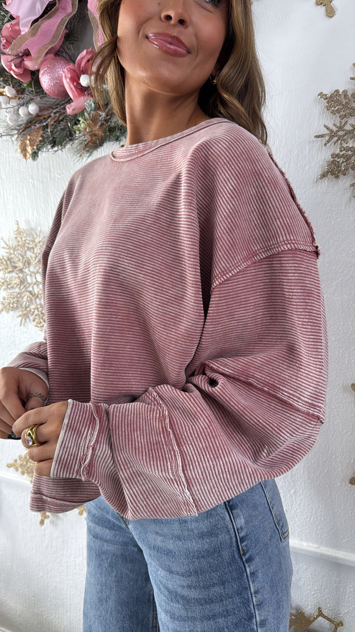 DOORBUSTER: Acid Washed Ribbed Cropped Pullover, Winter Rose