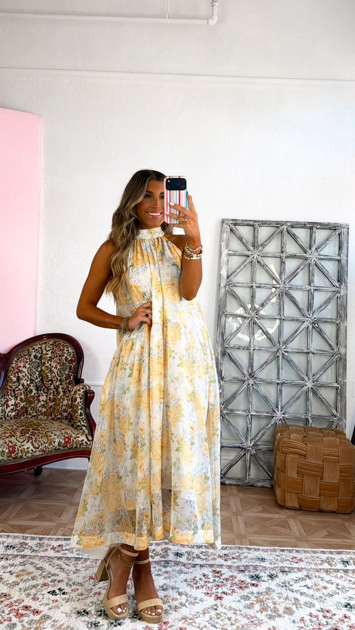 Happiest Year Floral Halter Dress, Ivory/Yellow