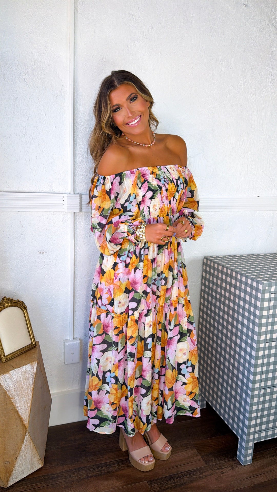 Havana Bloom Smocked Dress, Black Multi