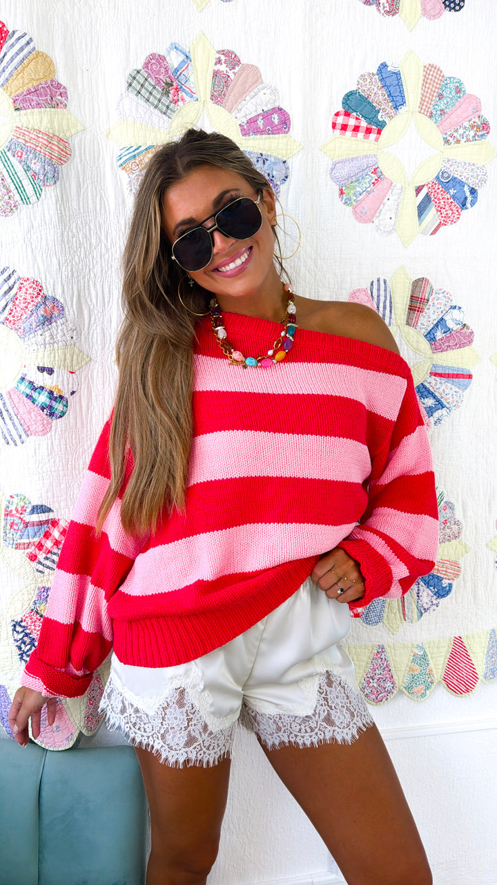 Stripe Off The Shoulder Sweater, Red/Pink