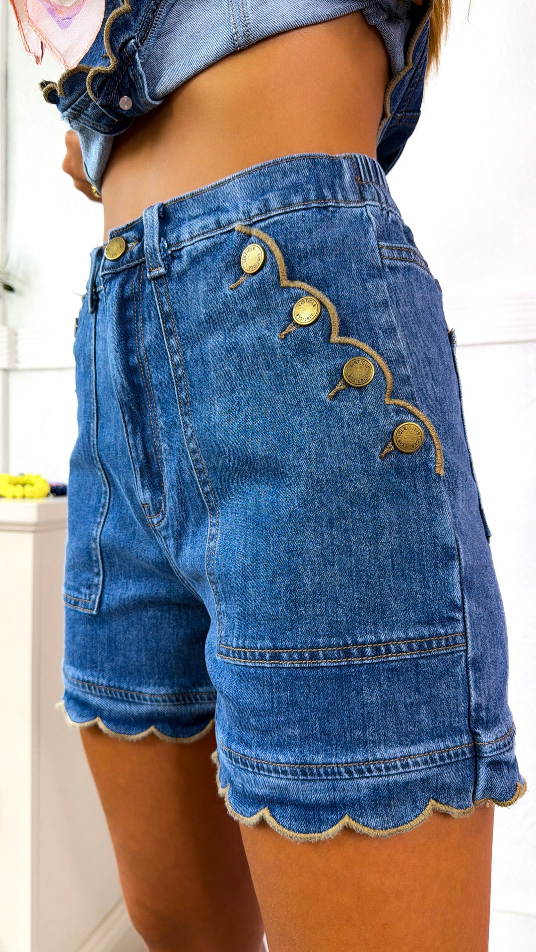 Scalloped Hem Denim Shorts, Denim