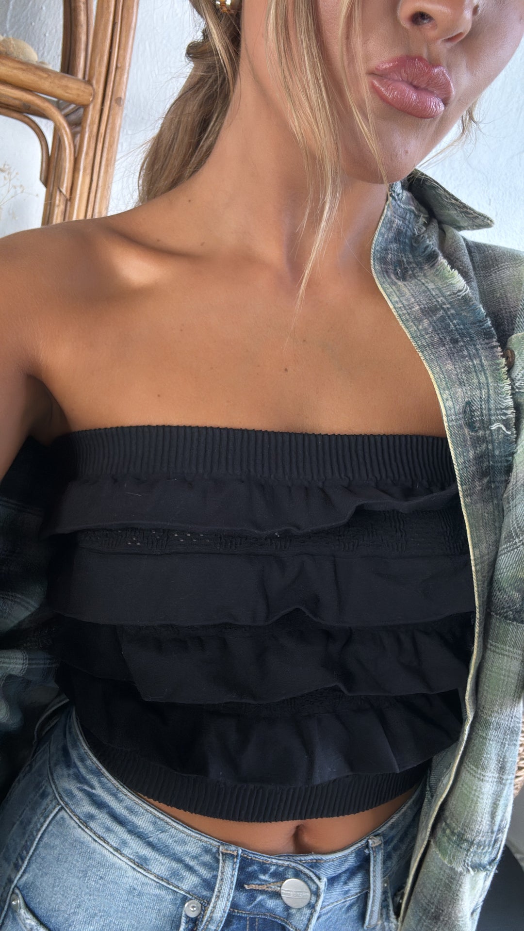 Layered Ruffled Tube Top, Black