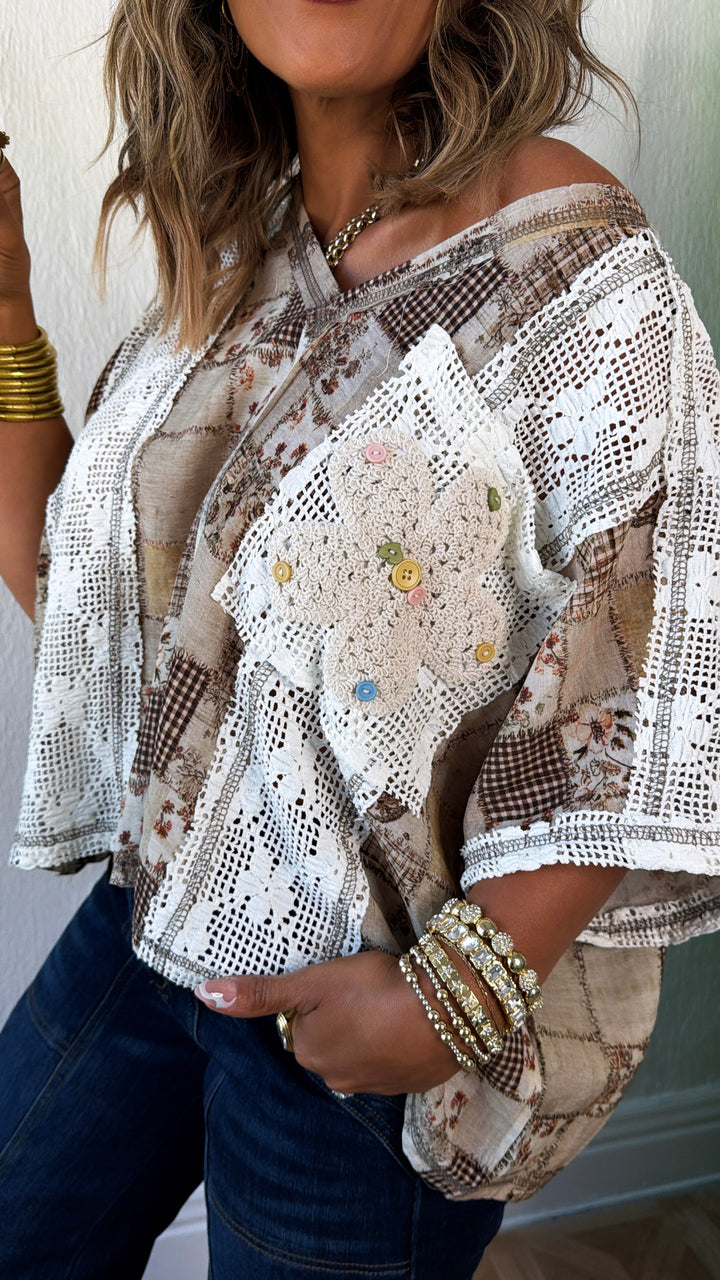 Annibelle Paisley Pocket Tee, Ivory/Beige Multi