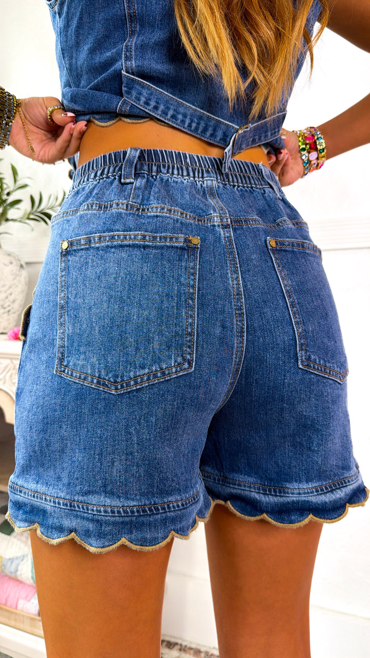 Scalloped Hem Denim Shorts, Denim