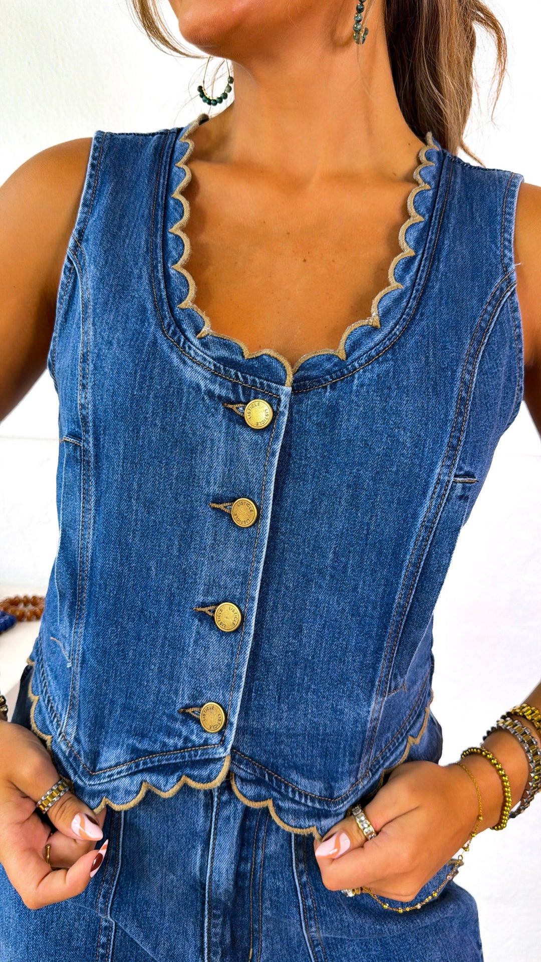 Denim Scalloped Top, Drift Blue