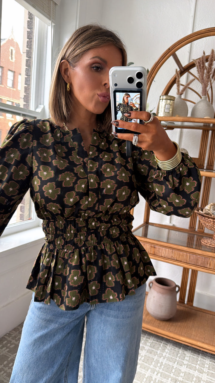 Indy Bell Blouse, Black/ Olive