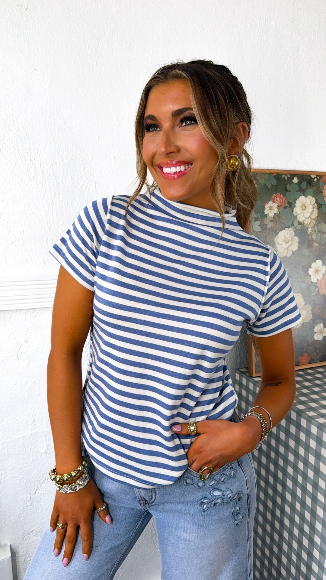 Sweet Stripe Basic Tee, Deep Blue/ Cream