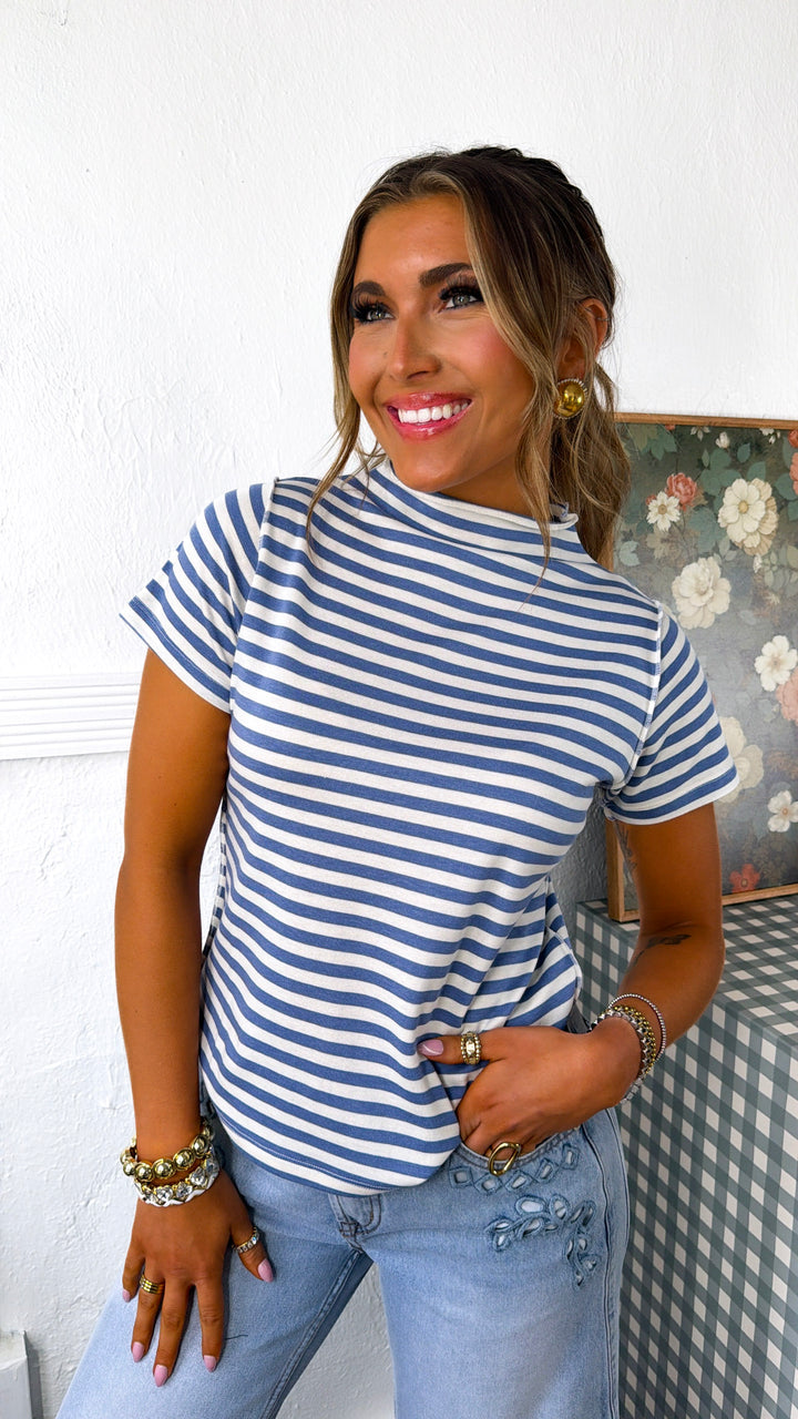 Sweet Stripe Basic Tee, Deep Blue/ Cream
