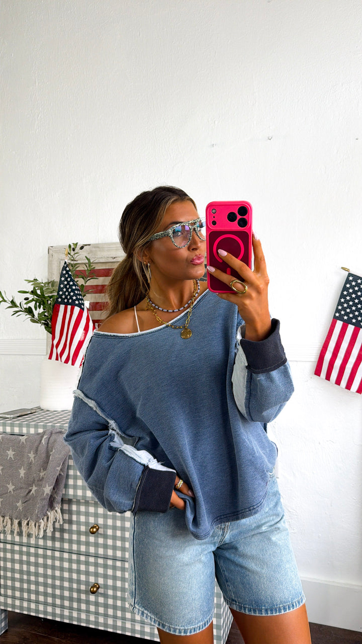 Something Simple Off The Shoulder Top, Denim Blue