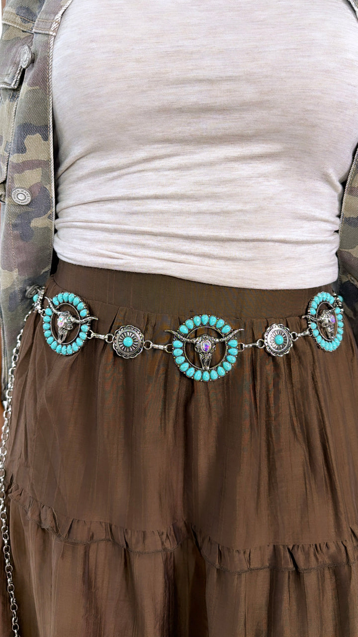 Western Turquoise Bull Skull Chain Belt