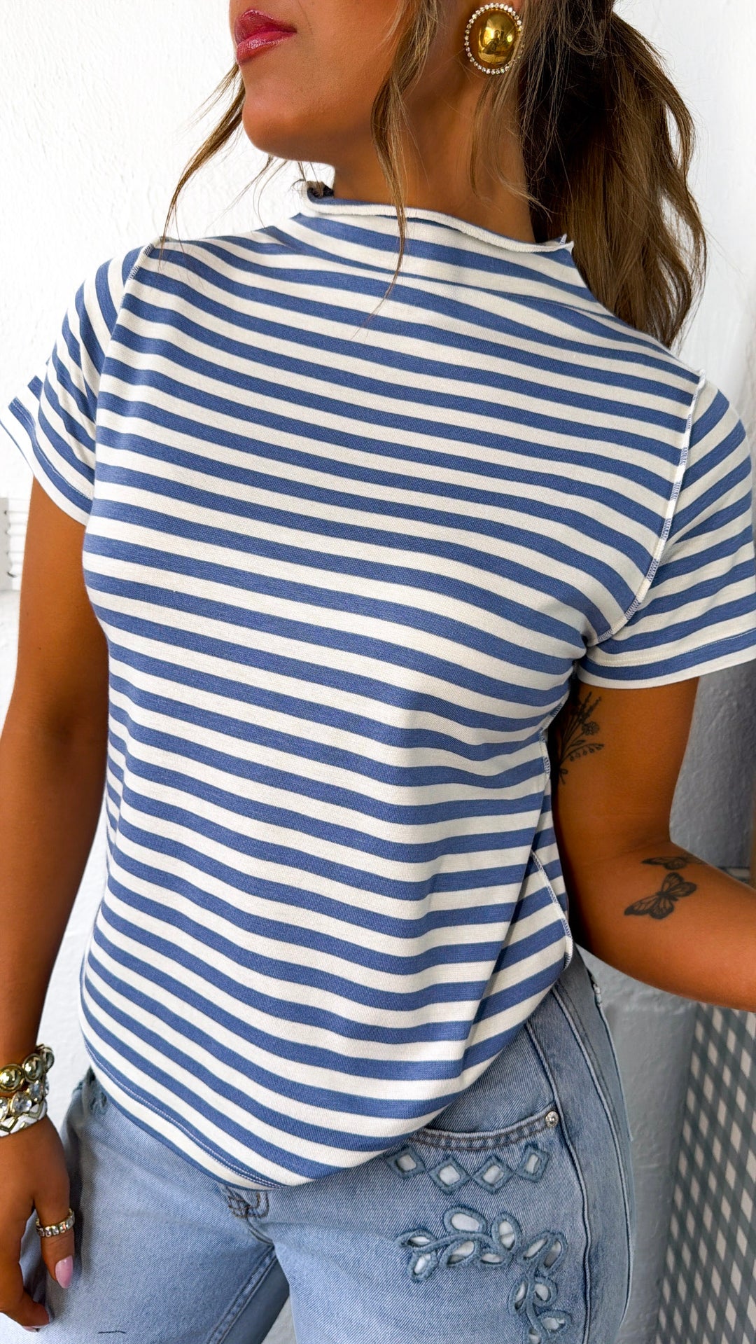 Sweet Stripe Basic Tee, Deep Blue/ Cream