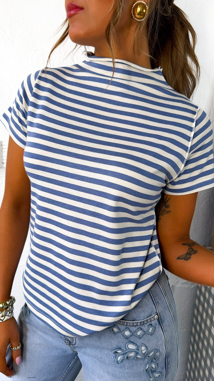 Sweet Stripe Basic Tee, Deep Blue/ Cream